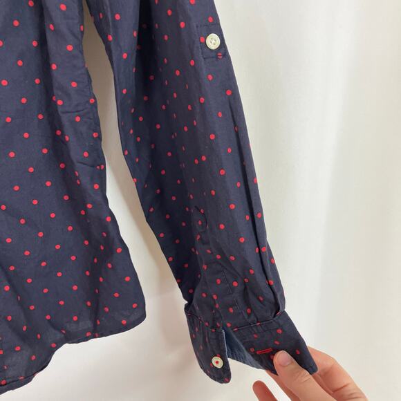 Talbots | Navy Red Polka Dot 100% Cotton Button Up Shirt Womens 14 - Picture 3 of 7